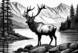 majestic elk near a lake, with mountains in the background tattoo idea