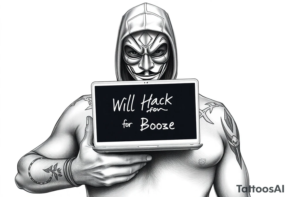 CREATE a desktop background for me of a 8k high definition homeless man wearing a V fo Vendetta mask while holding his laptop out for everyone to see the screen and the screen reads "Will Hack for Booze" tattoo idea