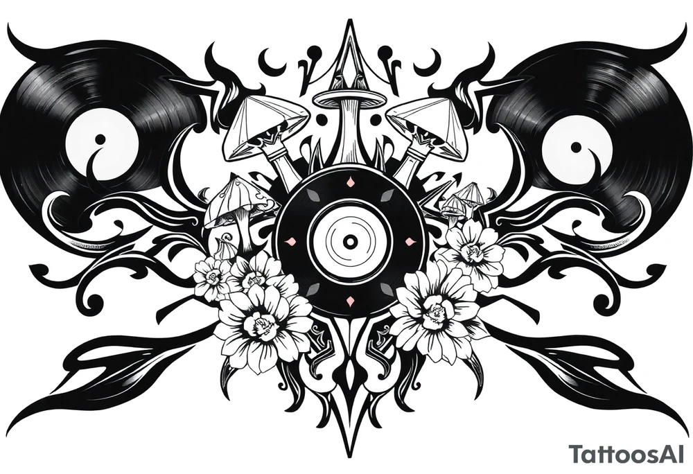 vinyl record with mushrooms, flowers, and music notes tattoo idea