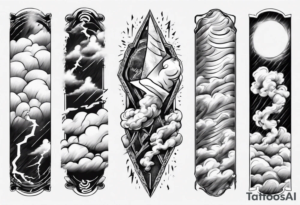 forearm sleeve lightning and clouds pattern tattoo idea