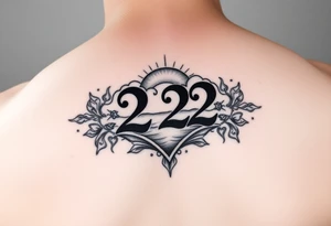 Bold 222 surrounded with sunset and love and stardust and vibration tattoo idea