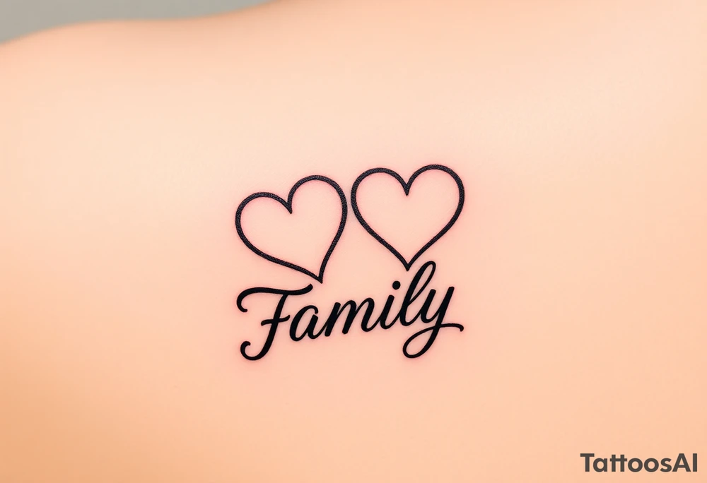 An infinity symbol with two hearts at each end, representing the couple and children, with the word "family" written in flowing script, showing the endless bond tattoo idea