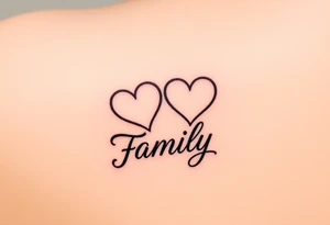 An infinity symbol with two hearts at each end, representing the couple and children, with the word "family" written in flowing script, showing the endless bond tattoo idea