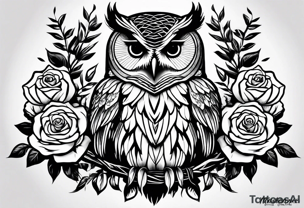 Barred owl and roses tattoo idea