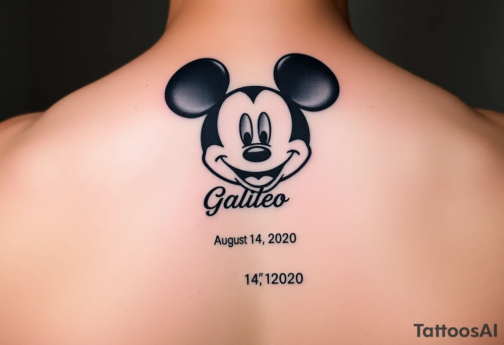 mickey mouse symbol with the name Galileo and the date August 14,2020, incorporated tattoo idea