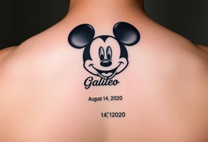 mickey mouse symbol with the name Galileo and the date August 14,2020, incorporated tattoo idea
