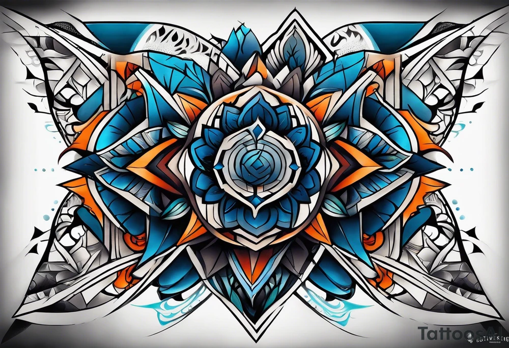 semi Detailed neo traditional knee tattoo flat on paper. The tattoo features geometric patterns and bold lines, creating a visually striking design with slight tints of deep fall colors. outside the tattoo features deep blues washes and water swirls tattoo idea