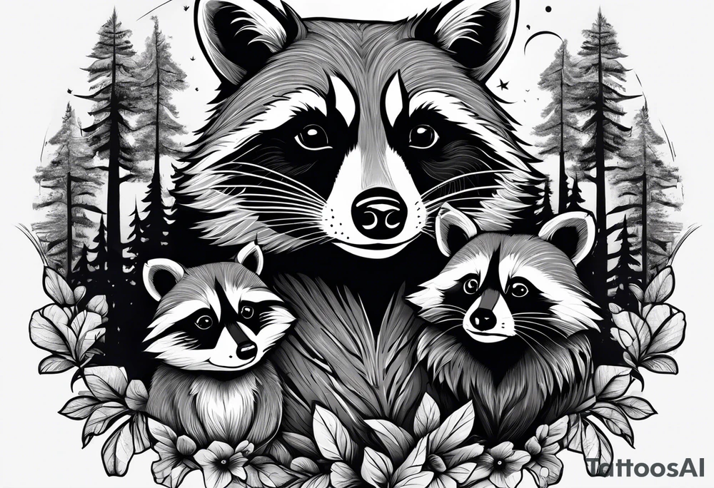 Very detailed Raccoon Husband with wife and child.
Background modern House between woods tattoo idea