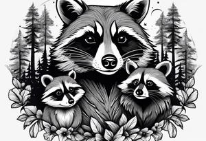 Very detailed Raccoon Husband with wife and child.
Background modern House between woods tattoo idea