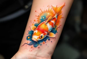 Orange and Yellow Koi with Sun Rays – A bright koi in warm sunset tones, highlighted by golden sunbeams streaming down through the water. tattoo idea