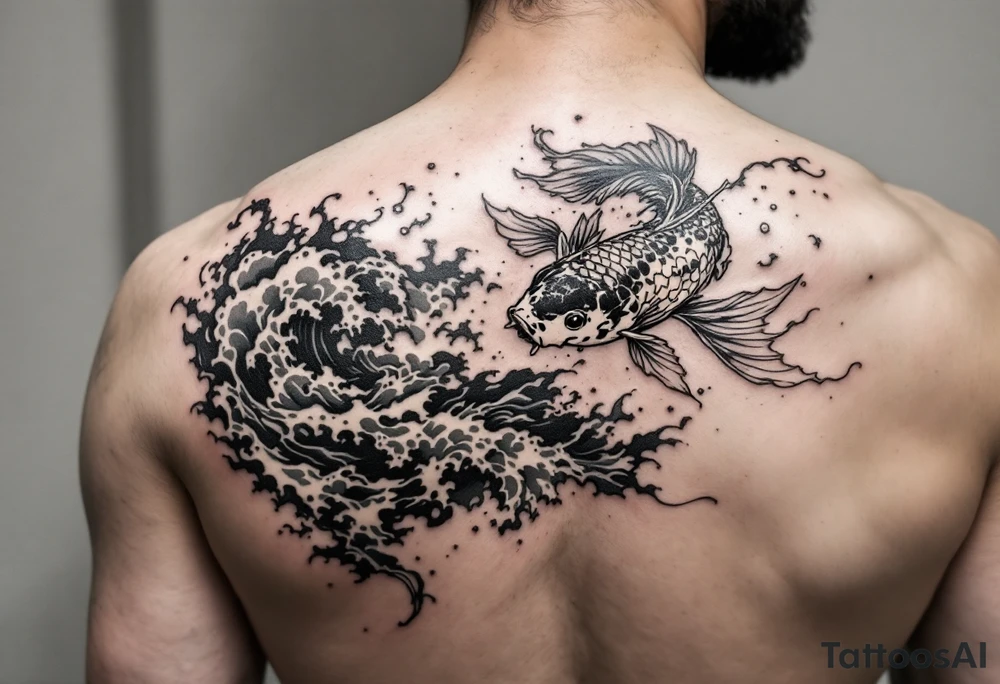 traditional koi fish swimming upstream through turbulent waves tattoo idea
