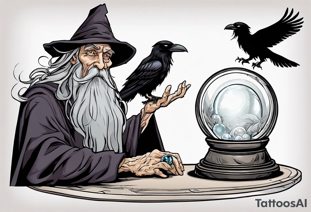 Wicked old wizard with long grey beard and no pupils behind a crystal ball on a table with a raven beside the crystal ball tattoo idea