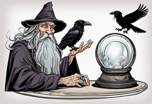 Wicked old wizard with long grey beard and no pupils behind a crystal ball on a table with a raven beside the crystal ball tattoo idea