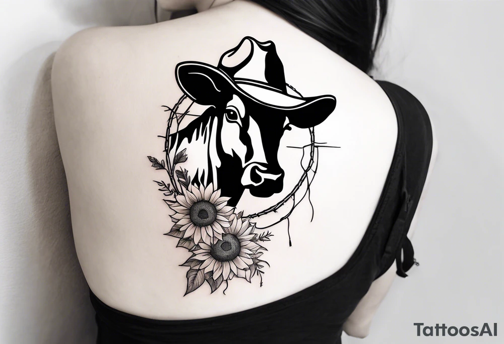 Arm tattoo with barbed wire, cowboy hat, sun flowers and cow tattoo idea