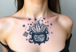 Milky way galaxy filled with zodiac symbols runes tarot cards coming out of a cauldron tattoo idea