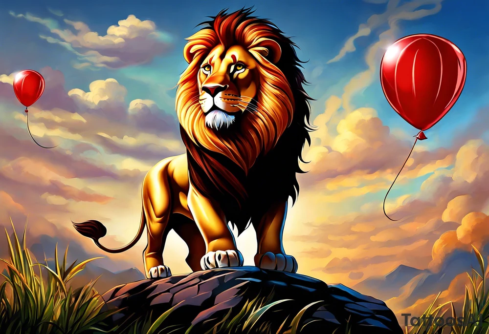 tattoo design should be in the layout of the famouse picture"small princ"  where it should remind me that I survived,and my life was saved by my husband, and he should be represented in the tattoo as a young lion holding a balloon held in the muzzle.
The baloon which is red and in Hearth shape. The whole body of lion should be visible and more abstract not so realistic.The lion is holding the string of the baloon in the muzzle. The string from the balloon should have a heartbeat pulse.The baloon should be red colored, and the rest of the image should be black only. tattoo idea