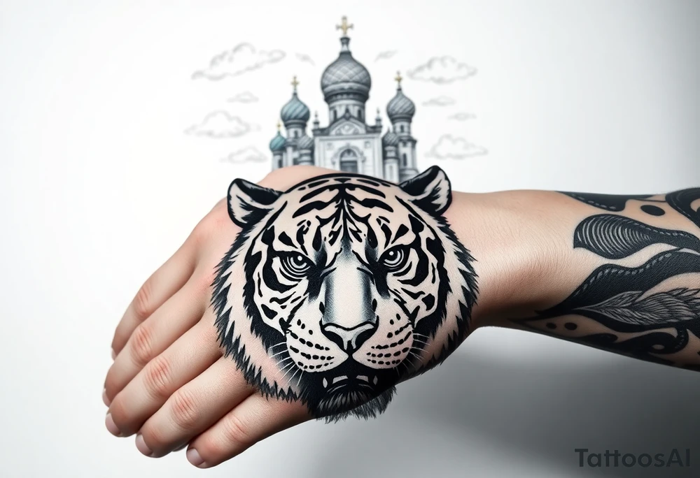 Realistic tiger face on the back of the hand with its eyes ALL black sitting beneath a Russian Orthodox cathedral sitting above on the top fore arm with onion domes and orthodox crosses. with clouds above and a virgin mary tattoo idea