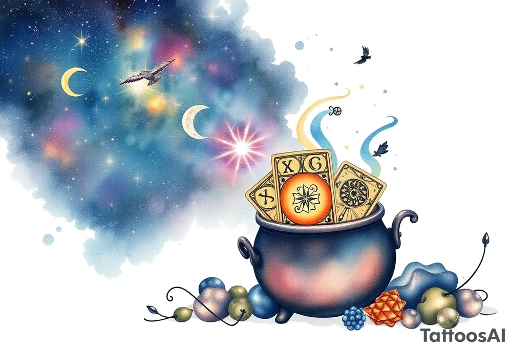Milky way galaxy filled with zodiac symbols runes tarot cards coming out of a cauldron tattoo idea