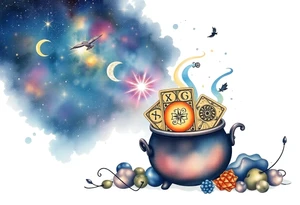 Milky way galaxy filled with zodiac symbols runes tarot cards coming out of a cauldron tattoo idea
