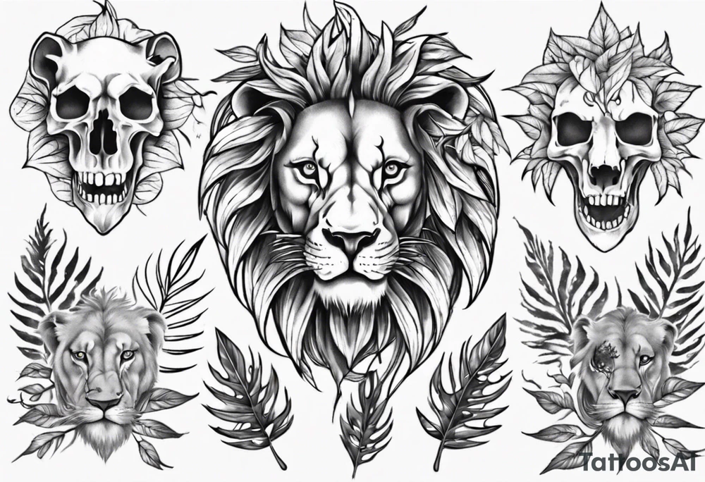 Lion skull tattoo and leaves tattoo idea