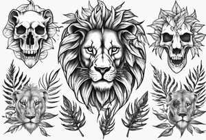 Lion skull tattoo and leaves tattoo idea