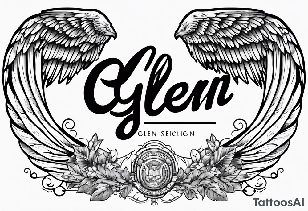 A simple tattoo with the word Glenn on a banner with angel Wings tattoo idea