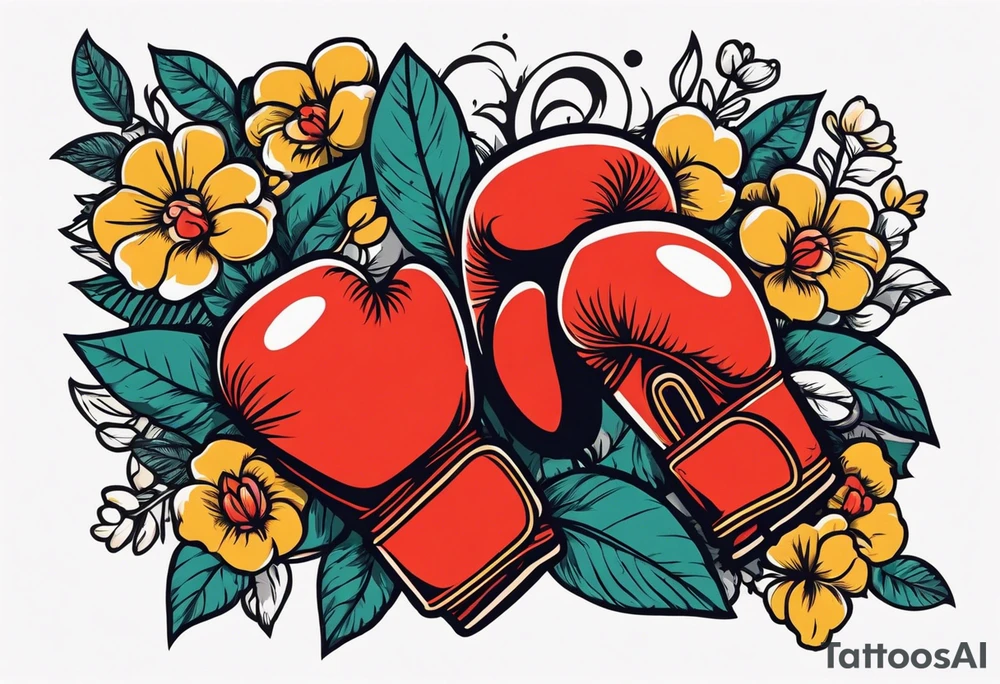 boxing gloves and flowers around the gloves  bold colors traditional old school vintage tattoo idea