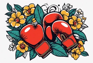 boxing gloves and flowers around the gloves  bold colors traditional old school vintage tattoo idea