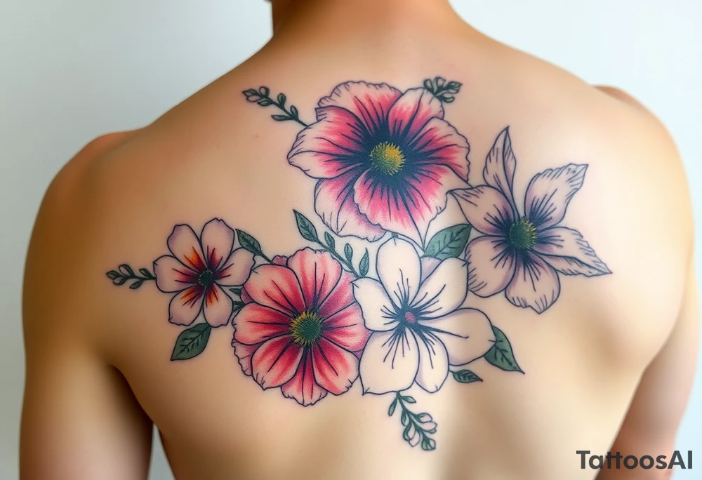 Upper arm and shoulder sleeve
Realistic
Water color
Fine line
Birth flowers for the months of
February 
July
August
October
December
Multi colored tattoo idea