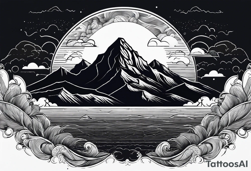 Mountain Range coming Out of the sea and Clouds. Sunrise in Front of it. Half moon and night Sky above the Mountains. tattoo idea