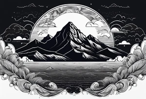 Mountain Range coming Out of the sea and Clouds. Sunrise in Front of it. Half moon and night Sky above the Mountains. tattoo idea
