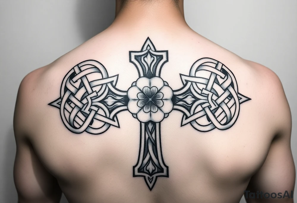 an irish inspired celtic tattoo adding celtic knots surrounding a celtic cross with a four leaf clover in the middle tattoo idea