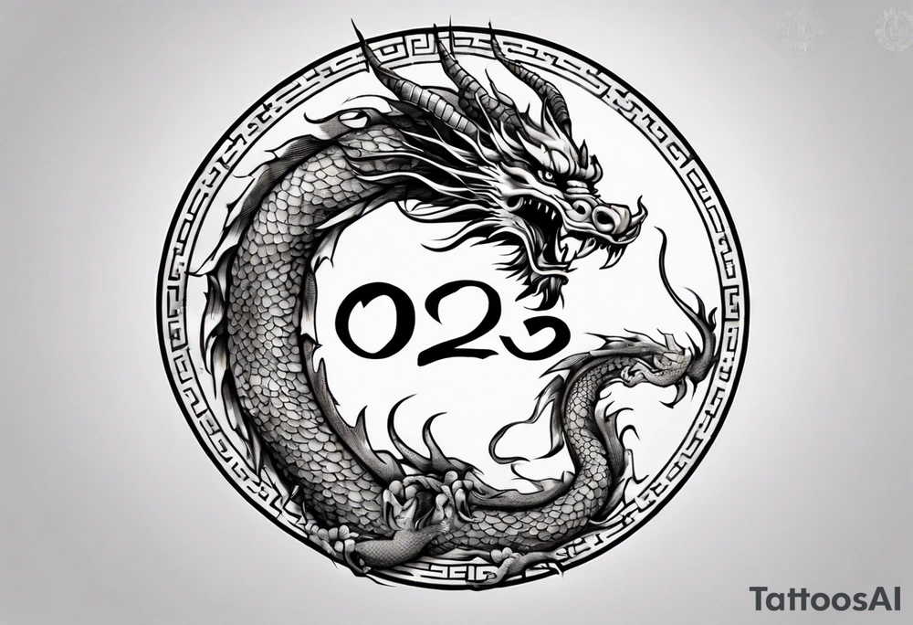 Chinese dragon in a circular shape with "02.03" written on its skin tattoo idea