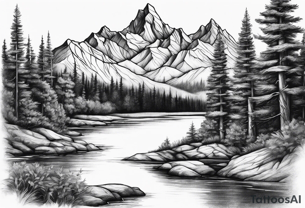 Mountains trees River tattoo idea