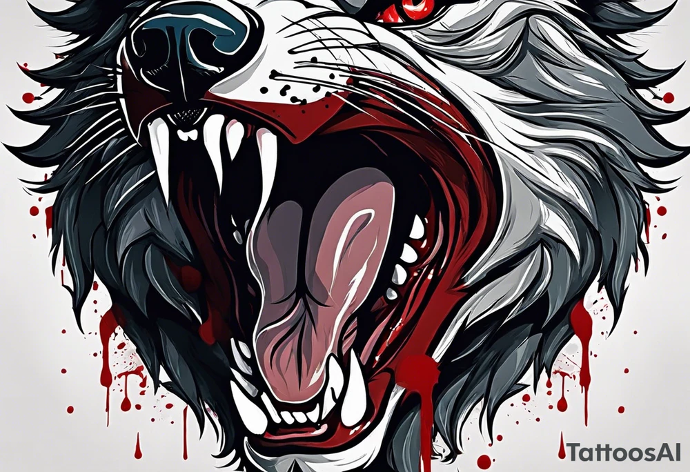 Create aggressive WOLF, with some blood coming out of his mouth and saliva. BLOOD IN THE BACKGROUND. Make it a drawing and use the image of reference. I am going to add. I want HIM TO BE ANGRY WITH RED EYES use VICIOUS WOLF THATS ANGRY tattoo idea
