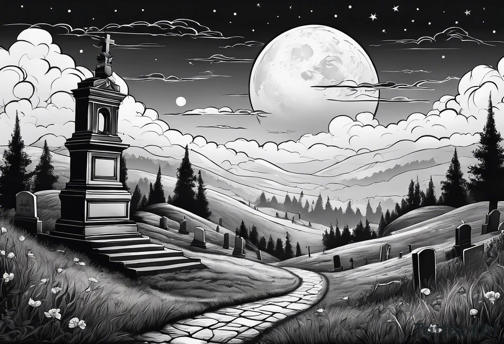 Cemetery on hills with smoke and moon tattoo idea