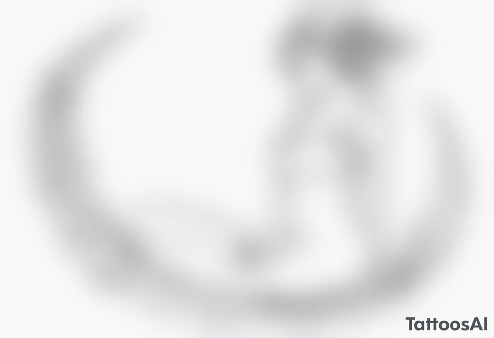 Minimalistic, monochromatic fairy with a tail flying to the left in a fetal position, leaning and looking in the same direction, with visible hands, embodying the 'Fairy Tail' logo aesthetic. tattoo idea