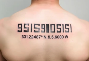 Morse code for sis along with the coordinates 33.12487° N, 85.58014° W tattoo idea