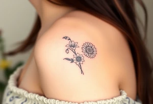 wrist tattoo with marigold, lily of the valley, and chrysanthemum tattoo idea