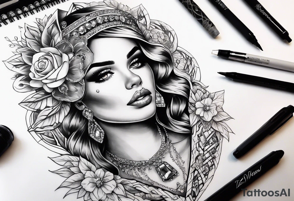 Chunky diamond with lace and gemstones full sleeve tattoo idea