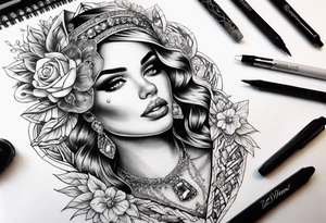 Chunky diamond with lace and gemstones full sleeve tattoo idea