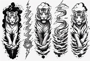 A thundergod tiger forearm tattoo, with lightning and clouds filling the area tattoo idea