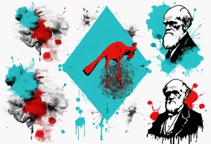 BANKSY ART STYLE,  cyan and red, acquarel, abstract, damage done, realistic Charles Darwin, romancistic, geometric tattoo idea