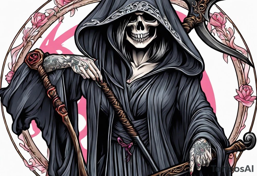 A feminine grim reaper holding a scythe tattoo idea
