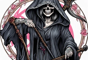 A feminine grim reaper holding a scythe tattoo idea