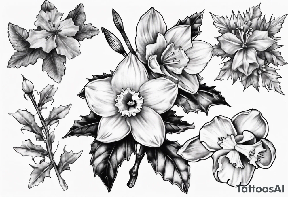 OAKLEE with Narcissus and holly flowers tattoo idea