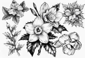OAKLEE with Narcissus and holly flowers tattoo idea