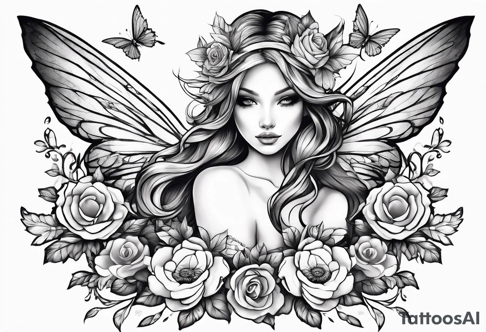 Flying Fairy with flowers, including arms and legs tattoo idea