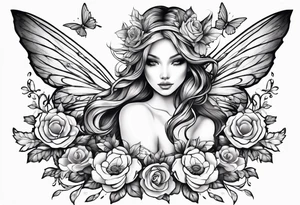 Flying Fairy with flowers, including arms and legs tattoo idea