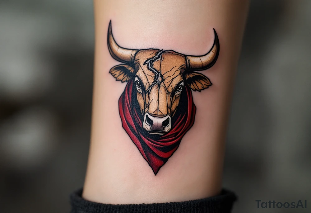 Matador’s Nemesis – A noble bull head with scarred brown hide, one broken horn, and a deep red cape caught around the neck, symbolizing courage and survival. tattoo idea